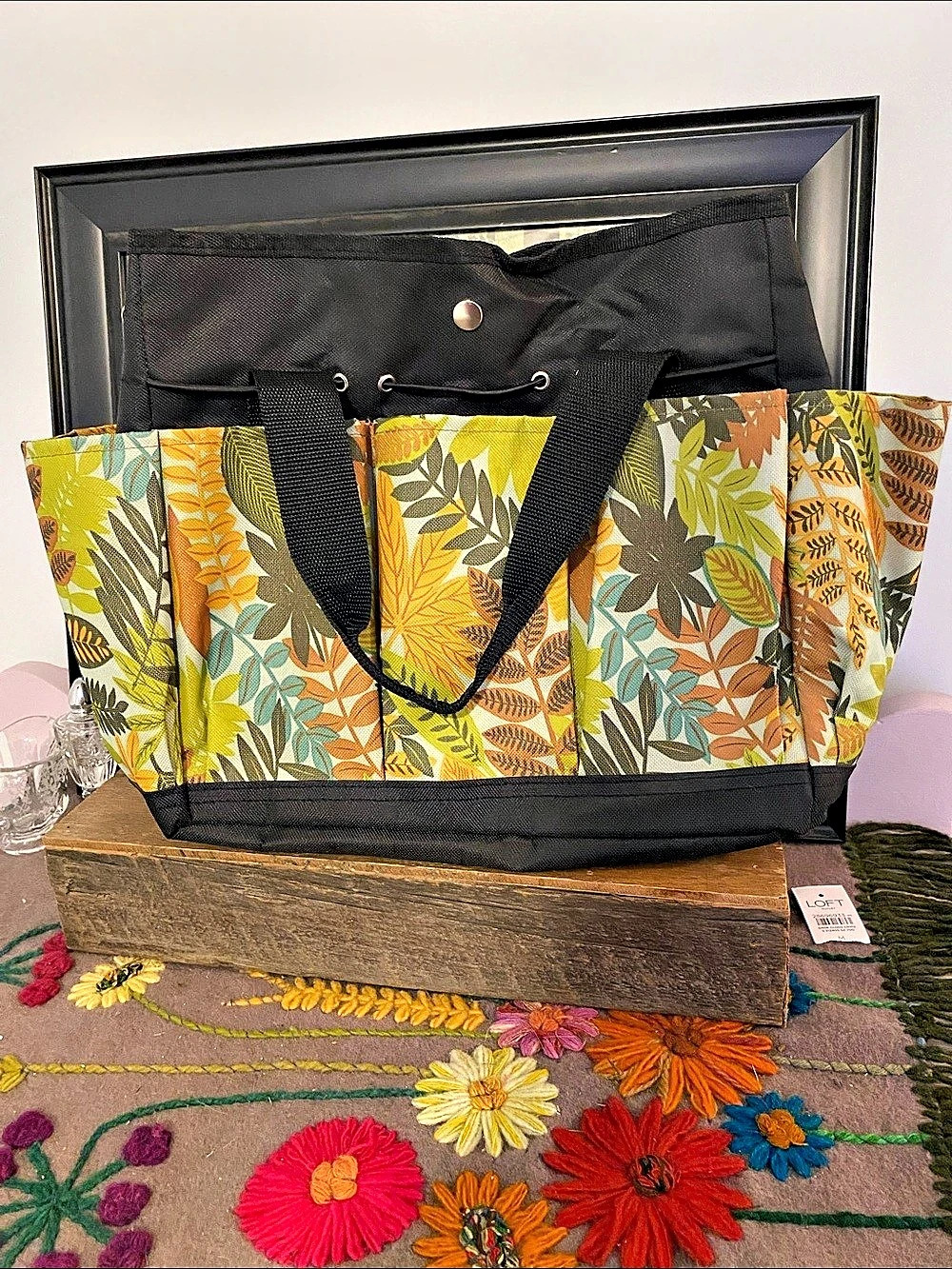 Floral Print Beverage Tote in Black & Autumn colors